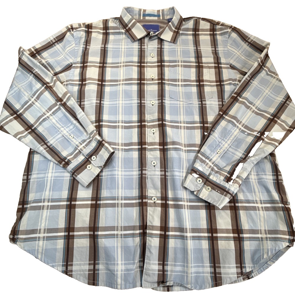 F1- MENS TOMMY BAHAMA CASUAL SHIRT SIZE 2XL 100% COTTON BROWN BLUE PLAIDS